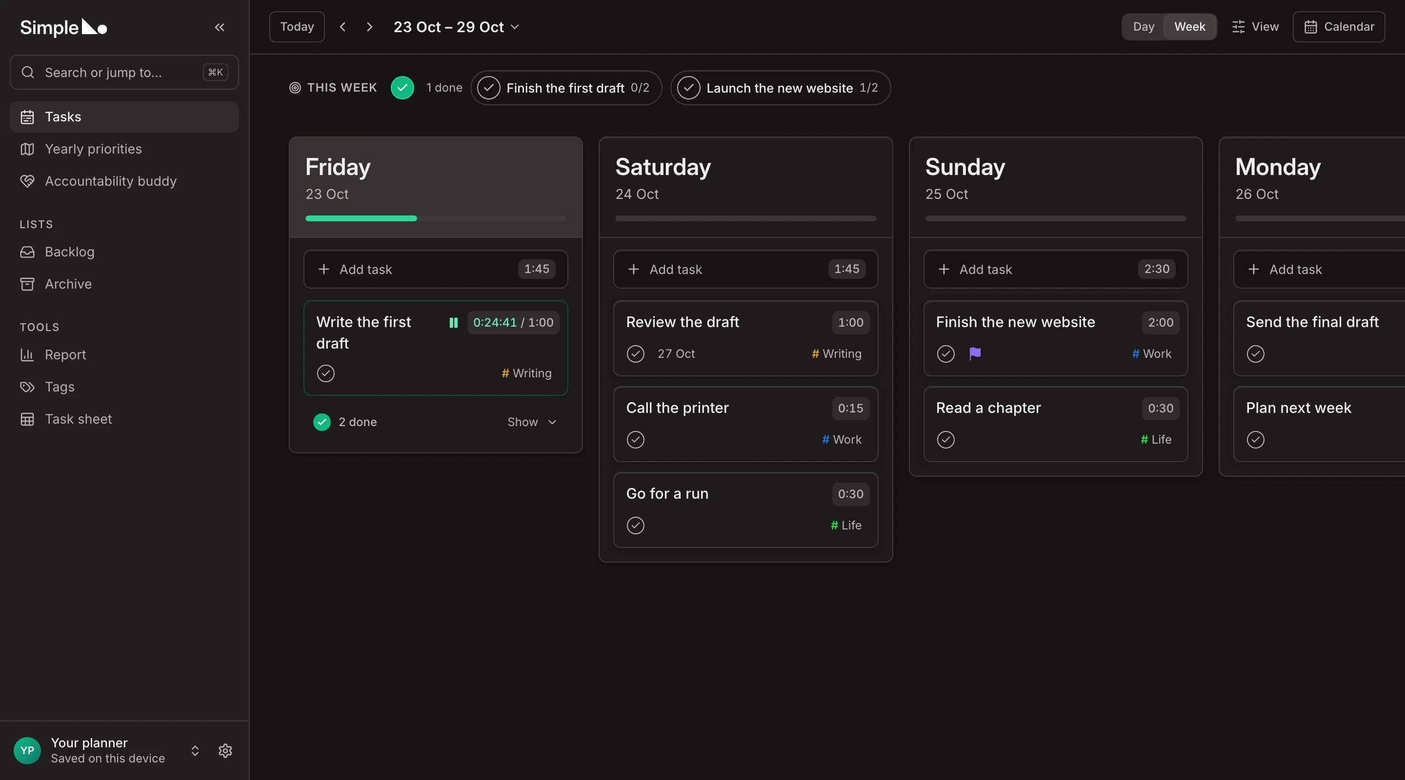 The Next days view in SPT, showing this week’s priorities, sample tasks with planned time, and a running task timer.
